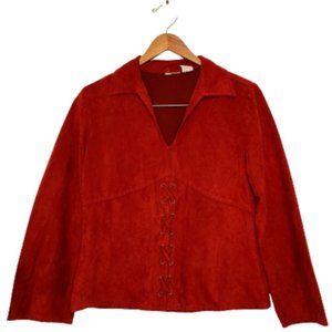 Women's, SMALL, Red, Long Sleeved, collared, Top, Front Lacing on Torso